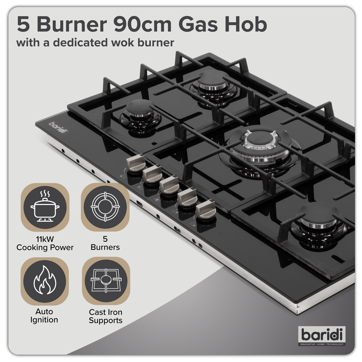 Baridi 90cm Gas Hob Black Glass with 5 Burners, Cast Iron Supports & Auto Ignition 11kW