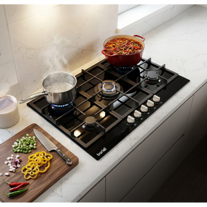 Baridi 90cm Gas Hob Black Glass with 5 Burners, Cast Iron Supports & Auto Ignition 11kW