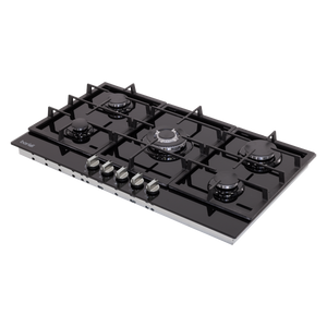 Baridi 90cm Gas Hob Black Glass with 5 Burners, Cast Iron Supports & Auto Ignition 11kW