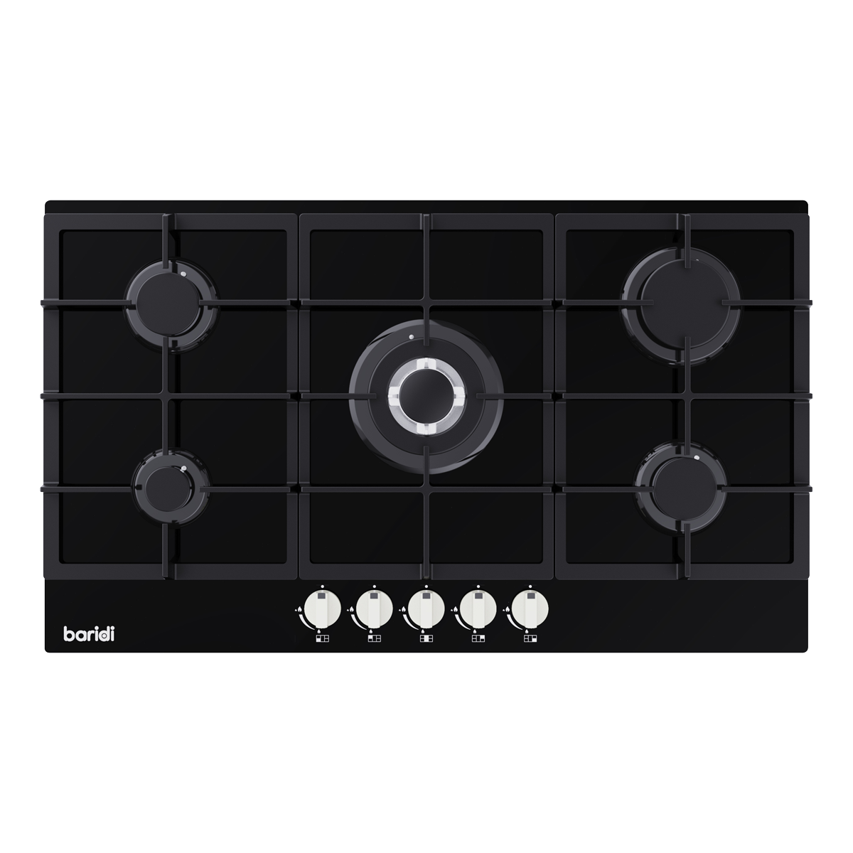 Baridi 90cm Gas Hob Black Glass with 5 Burners, Cast Iron Supports & Auto Ignition 11kW