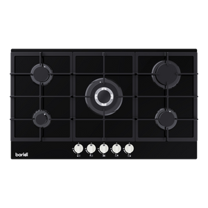 Baridi 90cm Gas Hob Black Glass with 5 Burners, Cast Iron Supports & Auto Ignition 11kW