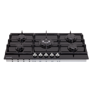 Baridi 90cm Gas Hob Black Glass with 5 Burners, Cast Iron Supports & Auto Ignition 11kW