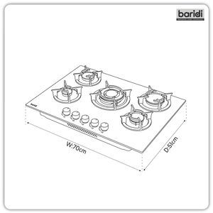 Baridi 70cm Gas Hob Matt Black with 5 Burners, Cast Iron Supports & Auto Ignition 10.4kW