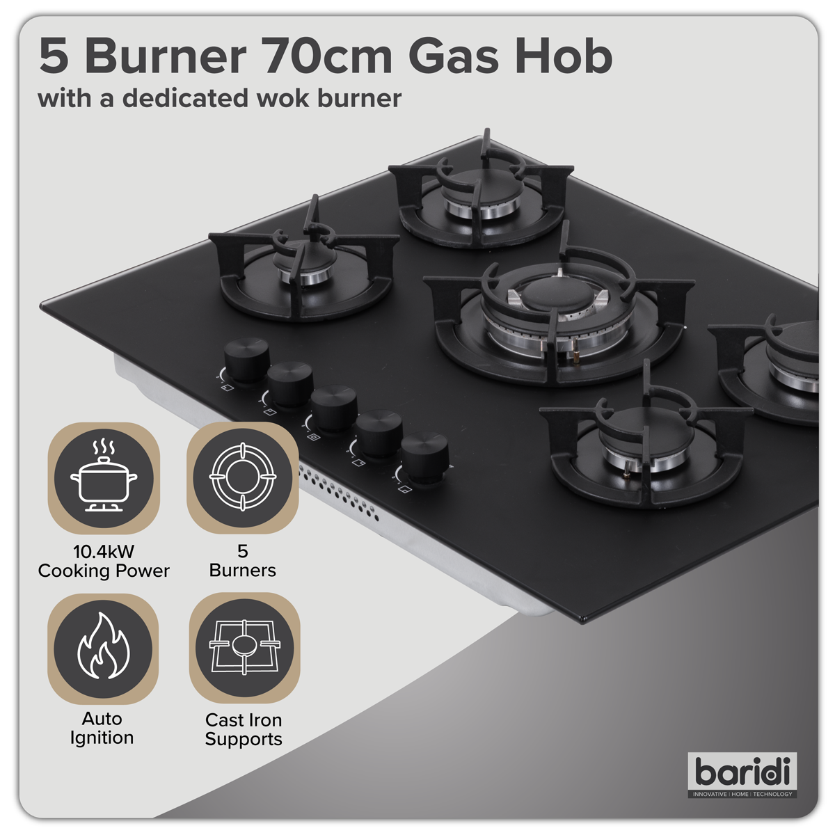 Baridi 70cm Gas Hob Matt Black with 5 Burners, Cast Iron Supports & Auto Ignition 10.4kW