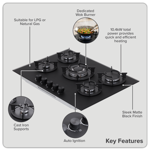 Baridi 70cm Gas Hob Matt Black with 5 Burners, Cast Iron Supports & Auto Ignition 10.4kW