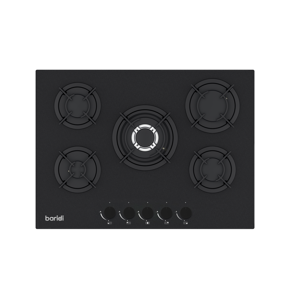 Baridi 70cm Gas Hob Matt Black with 5 Burners, Cast Iron Supports & Auto Ignition 10.4kW