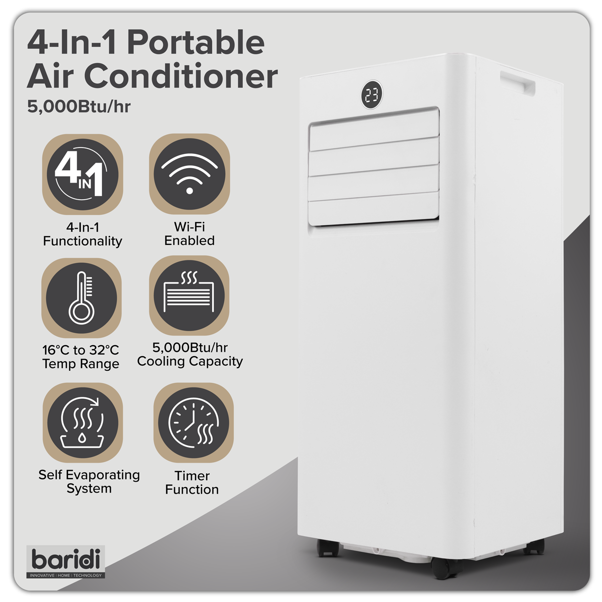 Baridi 4-in-1 Portable Air Conditioner with Window Sealing Kit 5,000Btu/hr - White