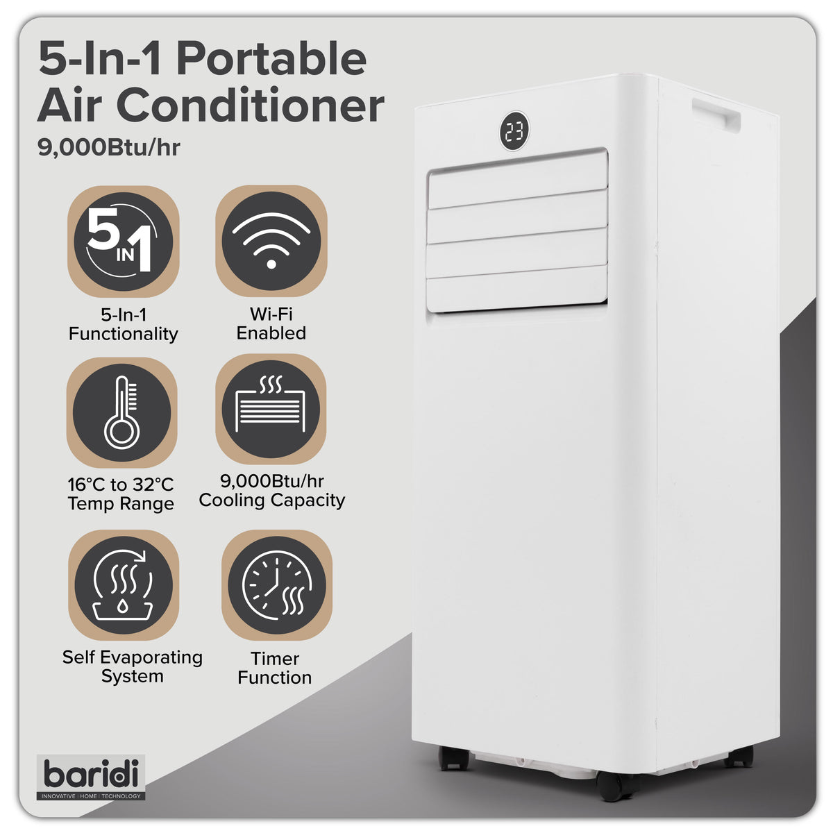 Baridi 5-in-1 Portable Air Conditioner/Dehumidifier/Air Cooler with Window Sealing Kit 9,000Btu/hr - White