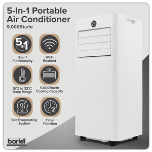Baridi 5-in-1 Portable Air Conditioner/Dehumidifier/Air Cooler with Window Sealing Kit 9,000Btu/hr - White
