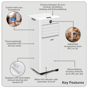 Baridi 5-in-1 Portable Air Conditioner/Dehumidifier/Air Cooler with Window Sealing Kit 9,000Btu/hr - White