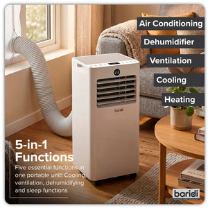 Baridi 5-in-1 Portable Air Conditioner/Dehumidifier/Air Cooler with Window Sealing Kit 9,000Btu/hr - White