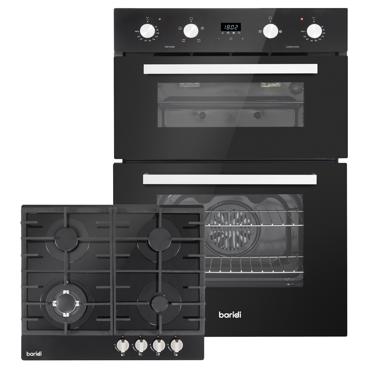 Baridi 72cm Built-Under Double Oven & Black Glass Gas Hob Appliance Bundle - 60cm Wide