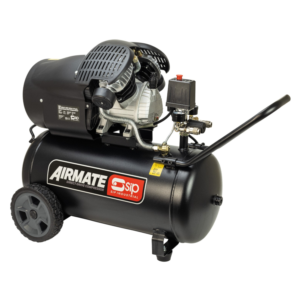 SIP 05325 DDVT Direct Drive V-Twin Air Compressor with Wheels, 50 Litre Capacity, 3hp 2.22kW 230V