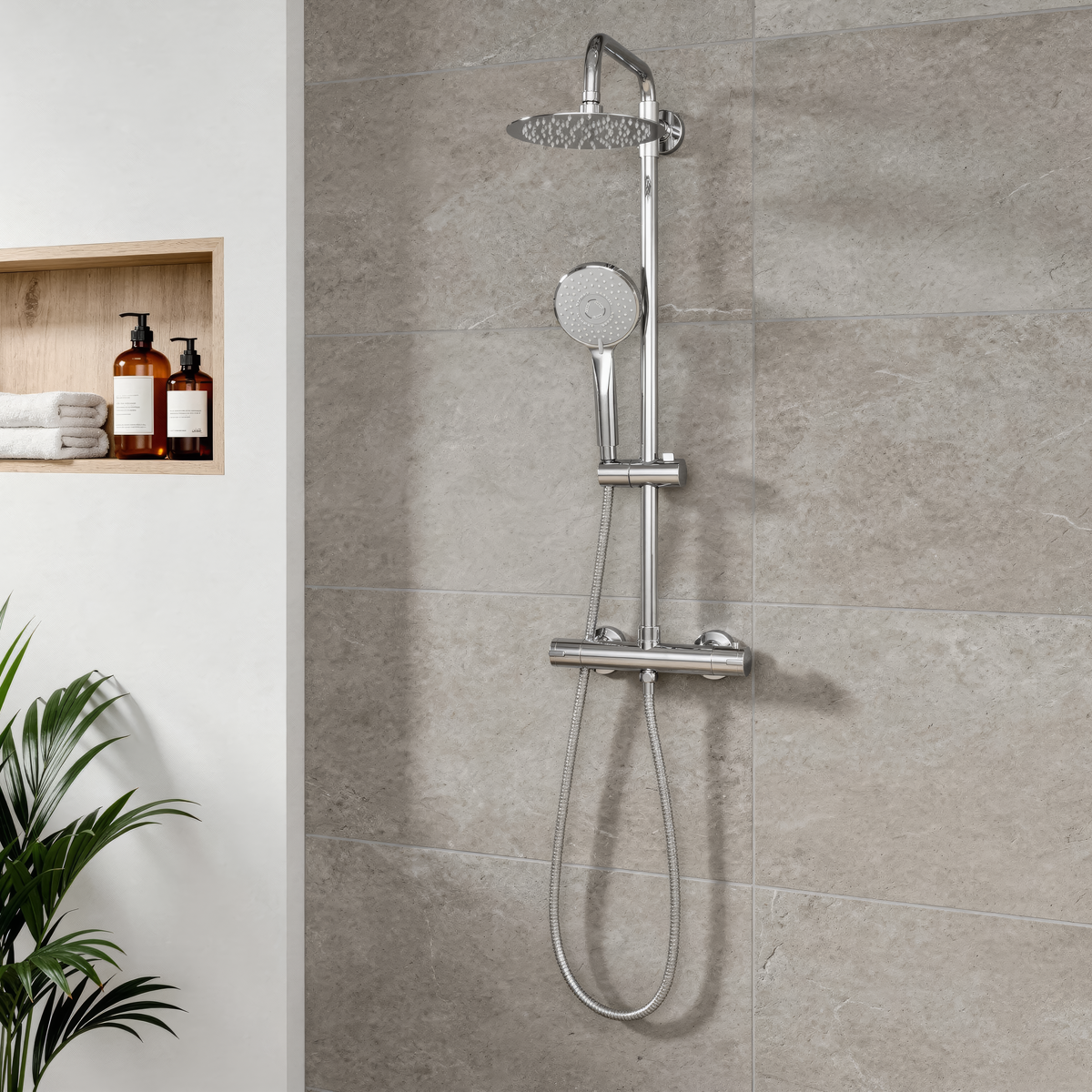 Thermostatic Shower Mixer Set, 20cm Round Head, Adjustable Rail - Chrome