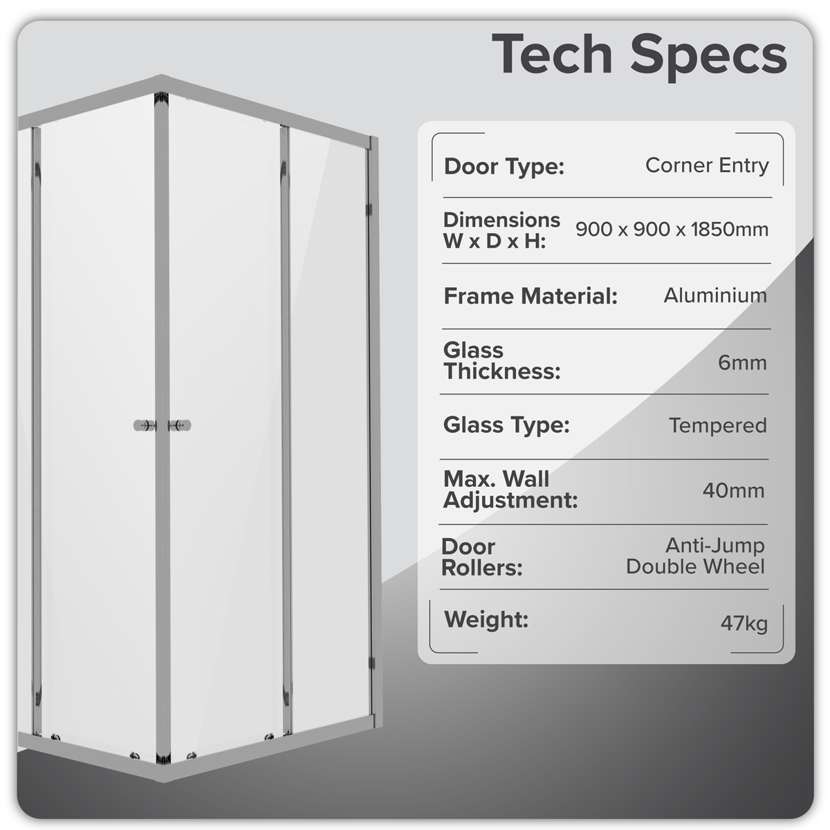Corner Shower Entry Enclosure 900 x 900 x 1850mm with 6mm Tempered Glass - Chrome