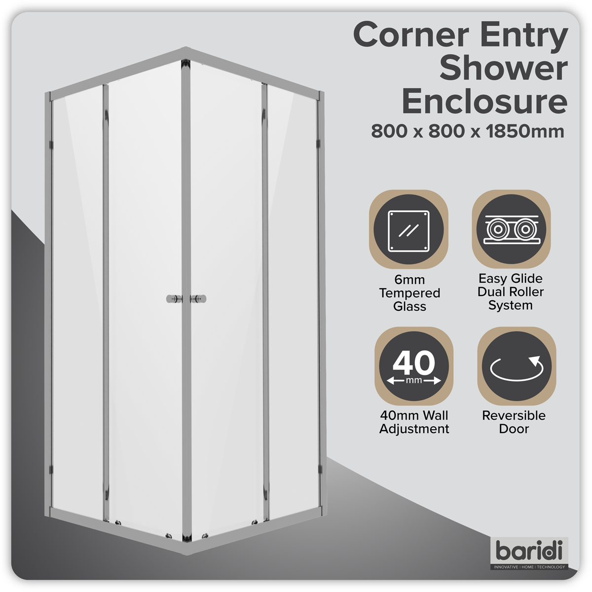 Corner Shower Entry Enclosure 800 x 800 x 1850mm with 6mm Tempered Glass - Chrome