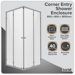 Corner Shower Entry Enclosure 800 x 800 x 1850mm with 6mm Tempered Glass - Chrome