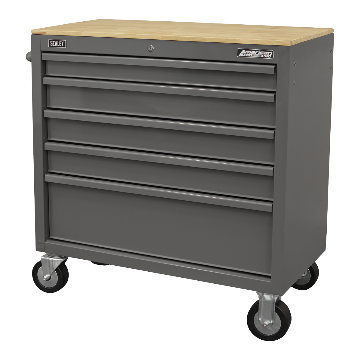 American PRO® Mobile Workstation with Wooden Worktop 5 Drawer - Grey