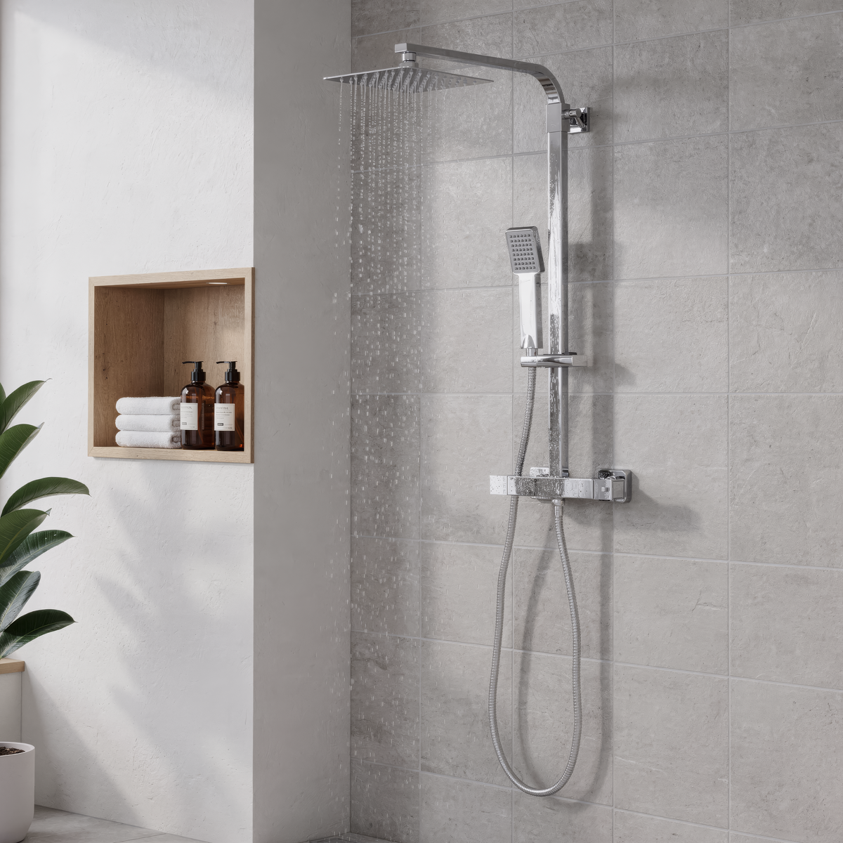 Thermostatic Shower Mixer Set, 20x20cm Square Head, Adjustable Rail - Chrome