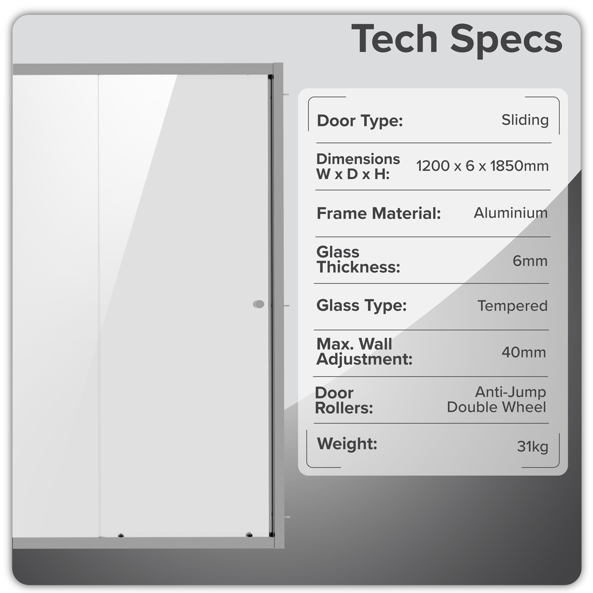 Sliding Shower Door 1200 x 1850mm, 6mm Tempered Glass, Reversible - Black