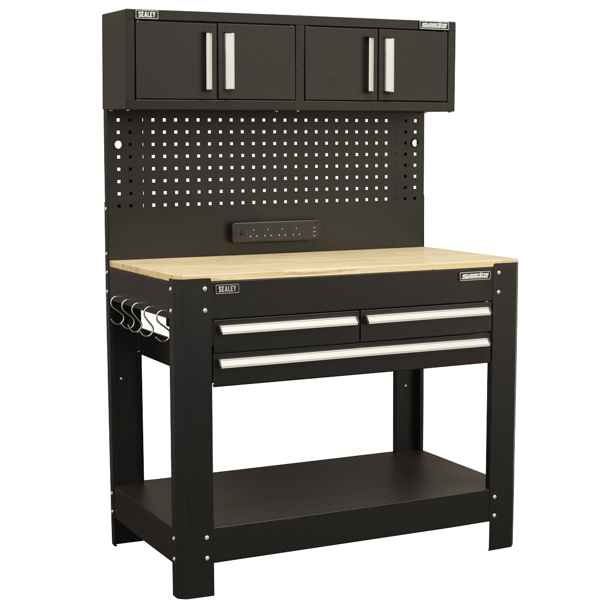 Superline PRO® Workbench with Pegboard Back Panel, Power Bar & Wooden Worktop