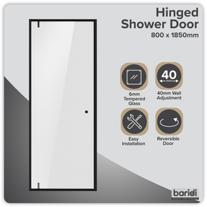 Hinged Shower Door 800 x 1850mm, 6mm Tempered Glass, Reversible - Black