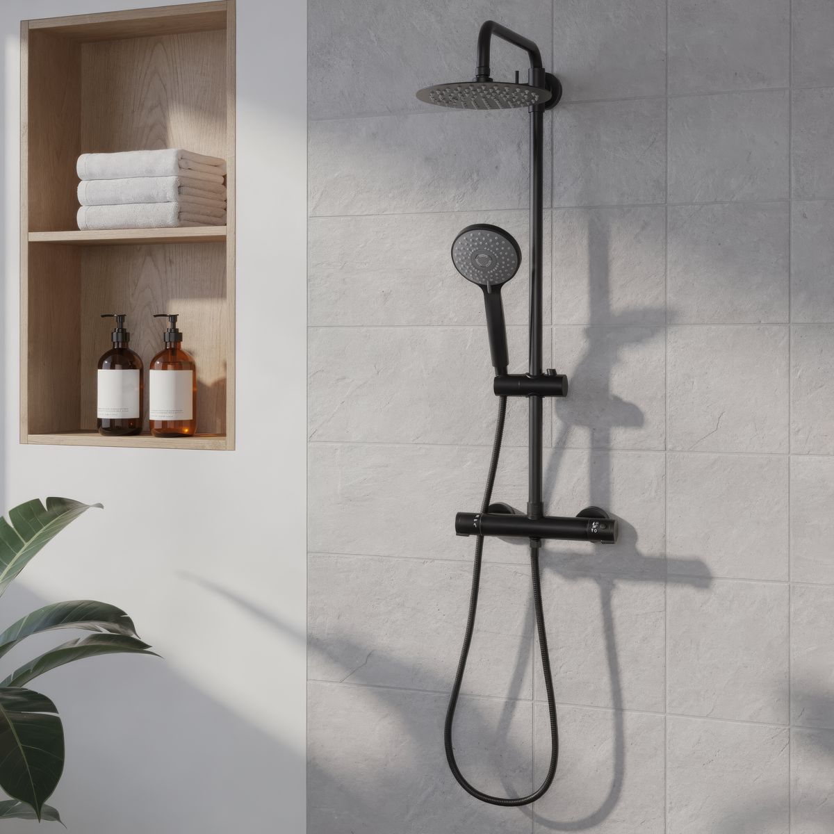 Thermostatic Shower Mixer Set, 20cm Round Head, Adjustable Rail - Black