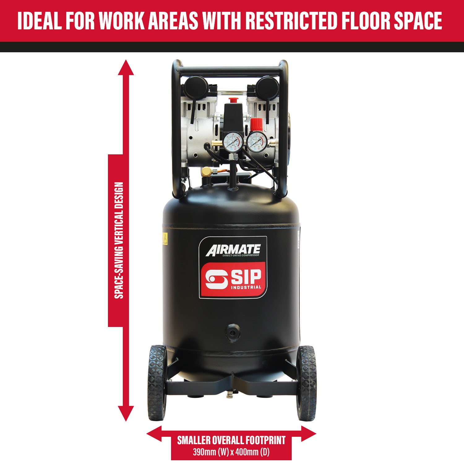 SIP AIRMATE DD 50L Low Noise Oil-Free Vertical Direct Drive Compressor, 2hp (05483)