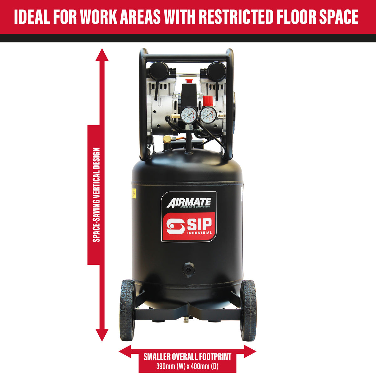 SIP AIRMATE DD 50L Low Noise Oil-Free Vertical Direct Drive Compressor, 2hp (05483)