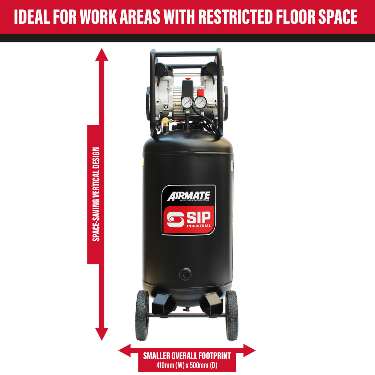 SIP AIRMATE DD 100L Low Noise Oil-Free Vertical Direct Drive Compressor, 3hp (05484)