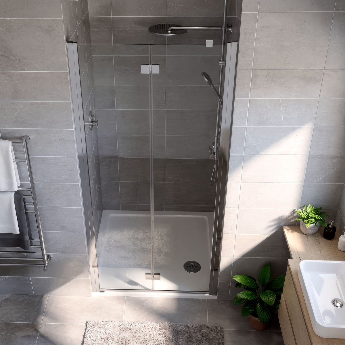 Bi-Fold Shower Door 800 x 1850mm, 6mm Tempered Glass, Reversible - Chrome