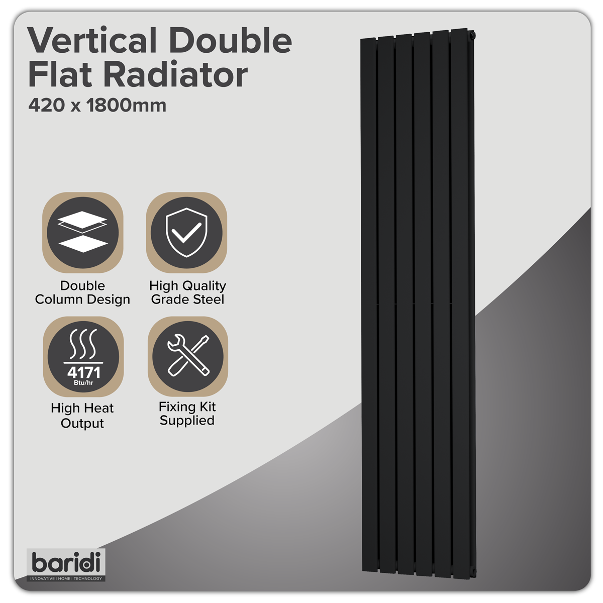 Baridi Vertical Radiator Contemporary Double Flat Panel Design 420 x 1800mm – Black