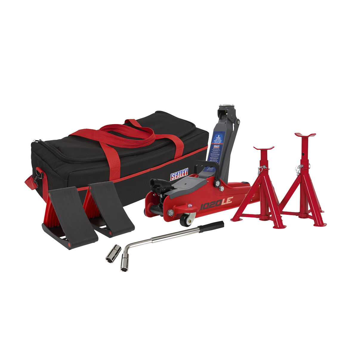Low Entry Short Chassis Trolley Jack & Accessories Bag Combo, 2 Tonne - Red