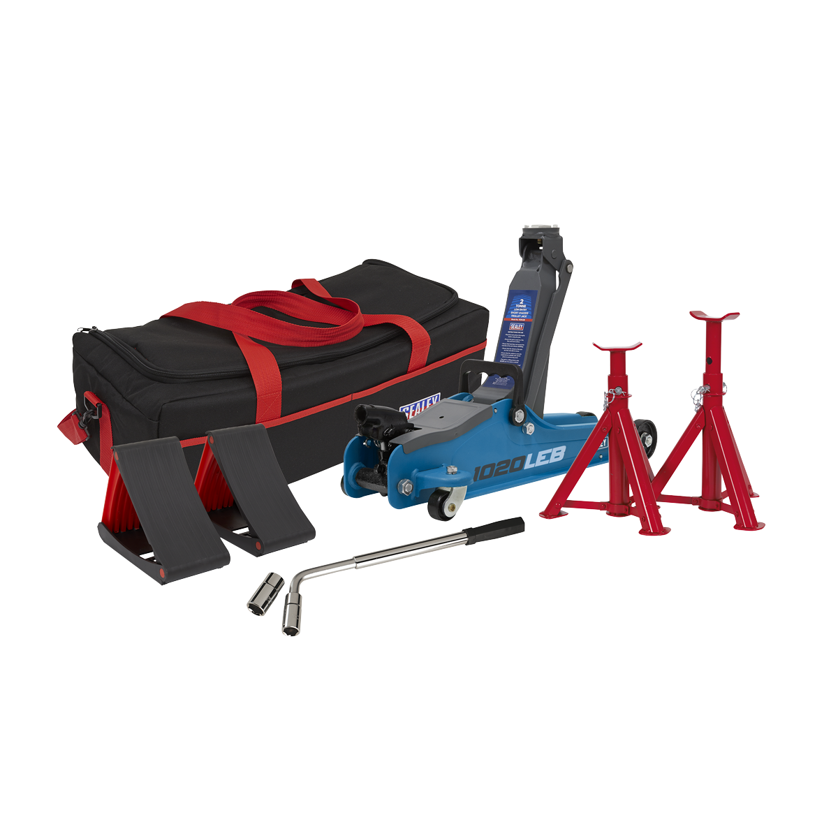 Low Entry Short Chassis Trolley Jack & Accessories Bag Combo, 2 Tonne - Blue
