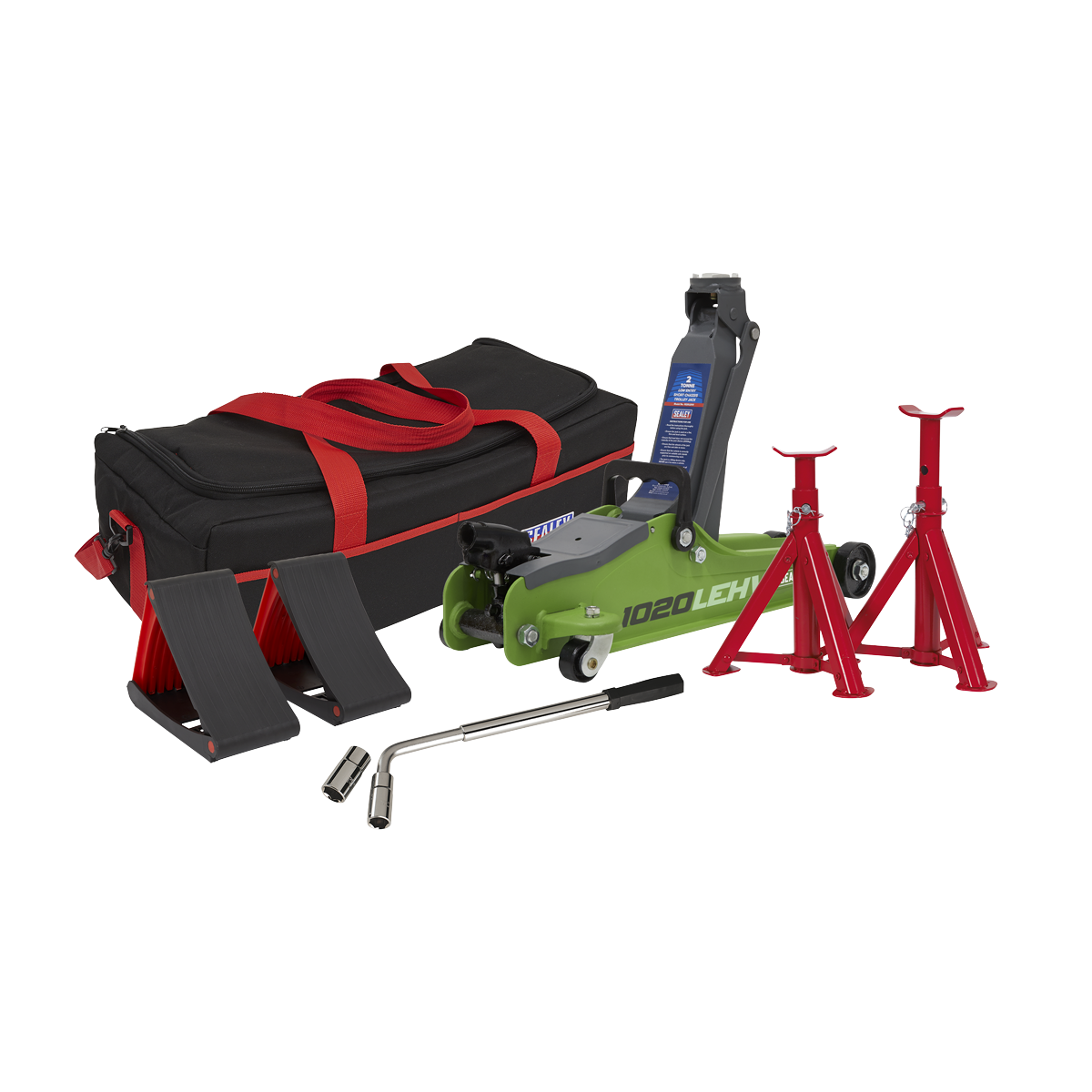 Low Entry Short Chassis Trolley Jack & Accessories Bag Combo, 2 Tonne - Green