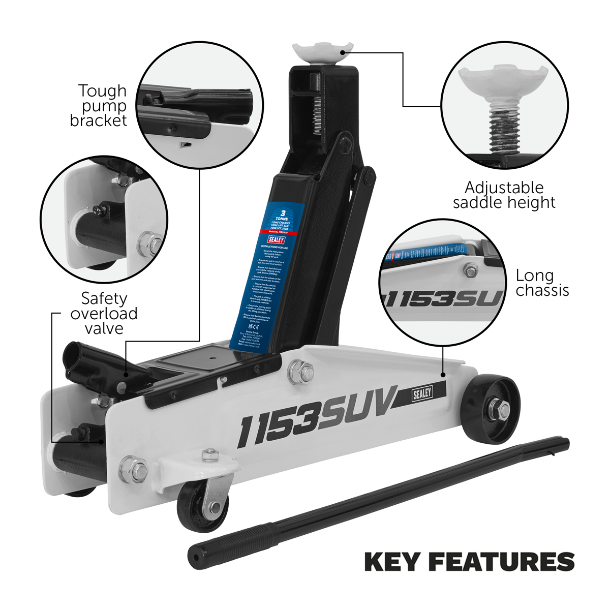 Long Reach High Lift SUV Trolley Jack, 3 Tonne, White (1153SUV)
