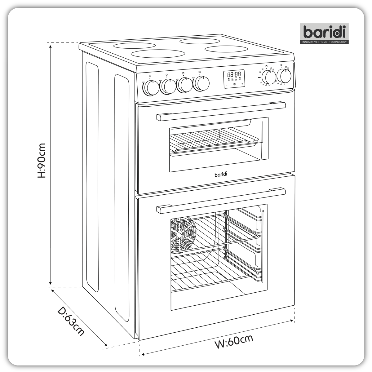 Baridi Freestanding Double Cavity Cooker 60cm with Ceramic Hob, Black (DH429)