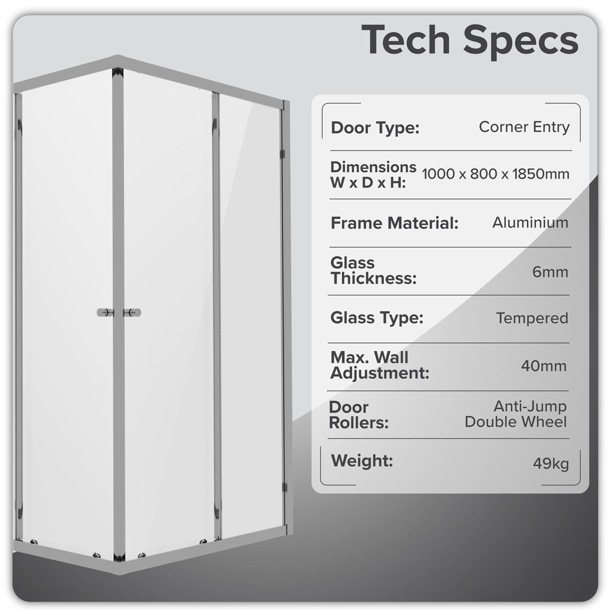 Corner Shower Entry Enclosure 1000 x 800 x 1850mm with 6mm Tempered Glass - Chrome