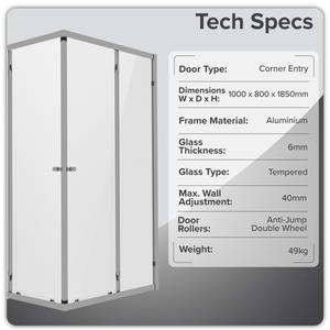 Corner Shower Entry Enclosure 1000 x 800 x 1850mm with 6mm Tempered Glass - Chrome