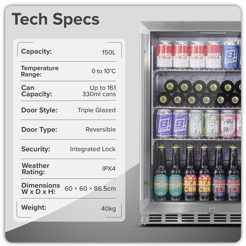 Baridi Outdoor Drinks Fridge with Triple Glazed Door & Lock 150L Stainless Steel (DH439)