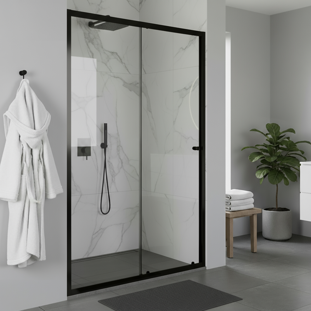 Sliding Shower Door 1000 x 1850mm, 6mm Tempered Glass, Reversible - Black