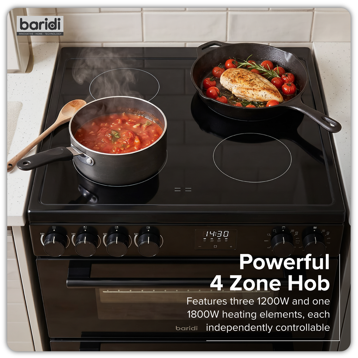 Baridi Freestanding Double Cavity Cooker 60cm with Ceramic Hob, Black (DH429)