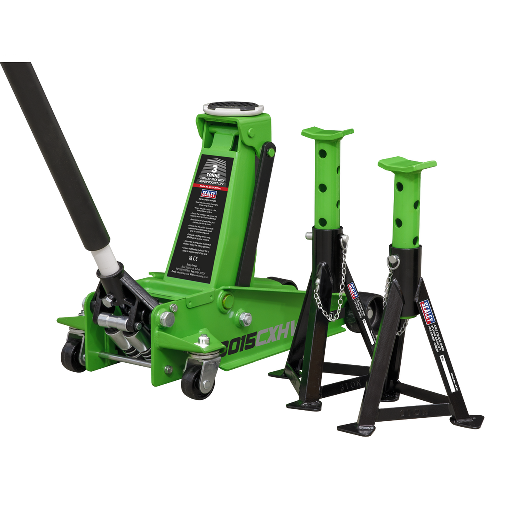 Trolley Jack with Super Rocket Lift & Axle Stands, 3 Tonne, Green (3015CXHV)