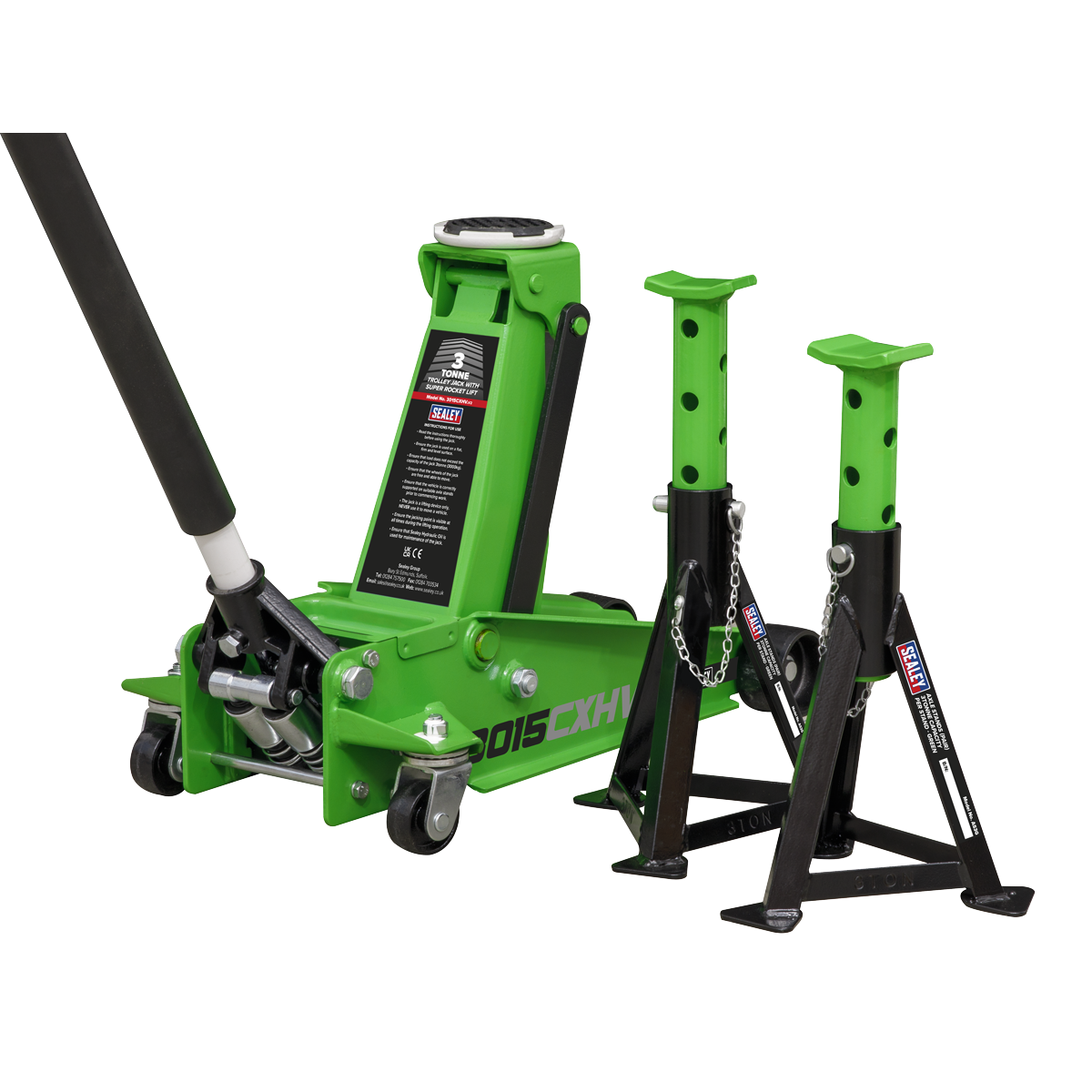 Trolley Jack with Super Rocket Lift 3 Tonne & Axle Stands (Pair) 3 Tonne Capacity per Stand - Green