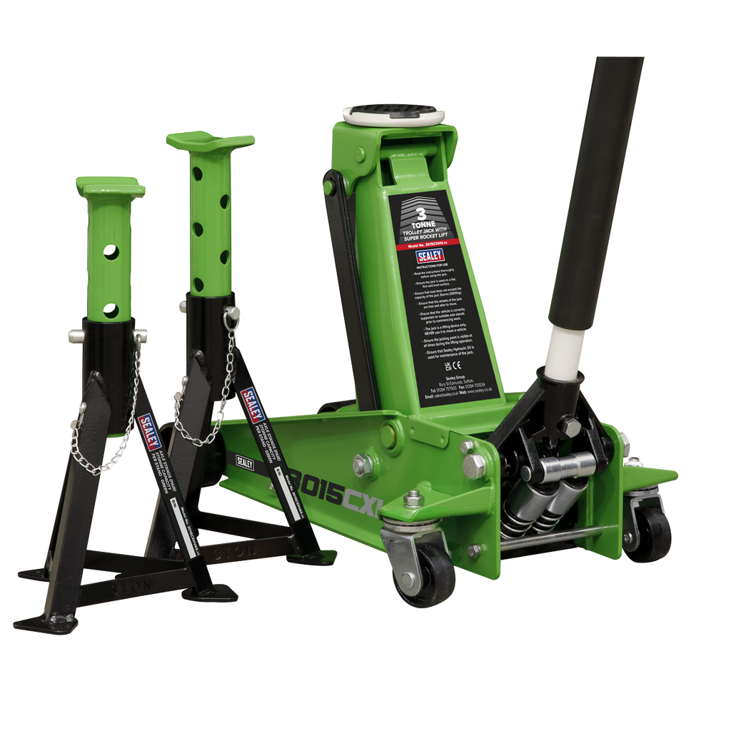 Trolley Jack with Super Rocket Lift & Axle Stands, 3 Tonne, Green (3015CXHV)
