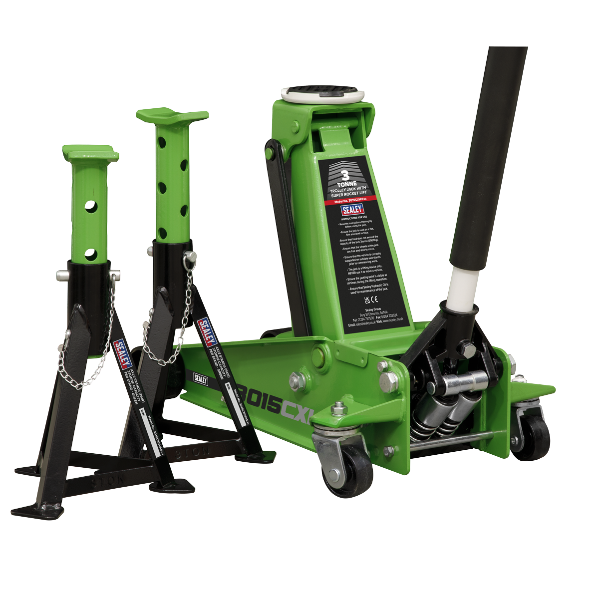 Trolley Jack with Super Rocket Lift & Axle Stands, 3 Tonne, Green (3015CXHV)