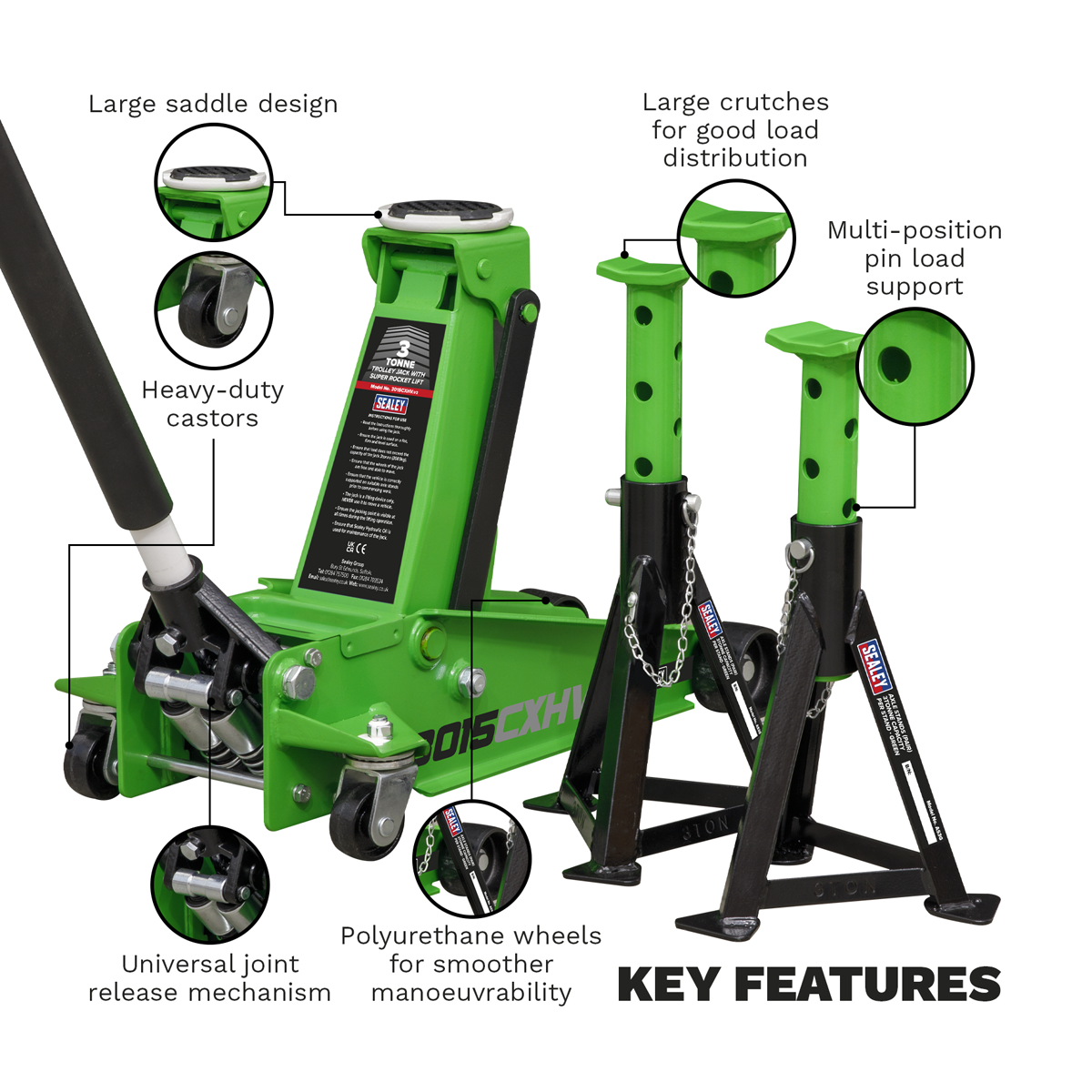 Trolley Jack with Super Rocket Lift & Axle Stands, 3 Tonne, Green (3015CXHV)