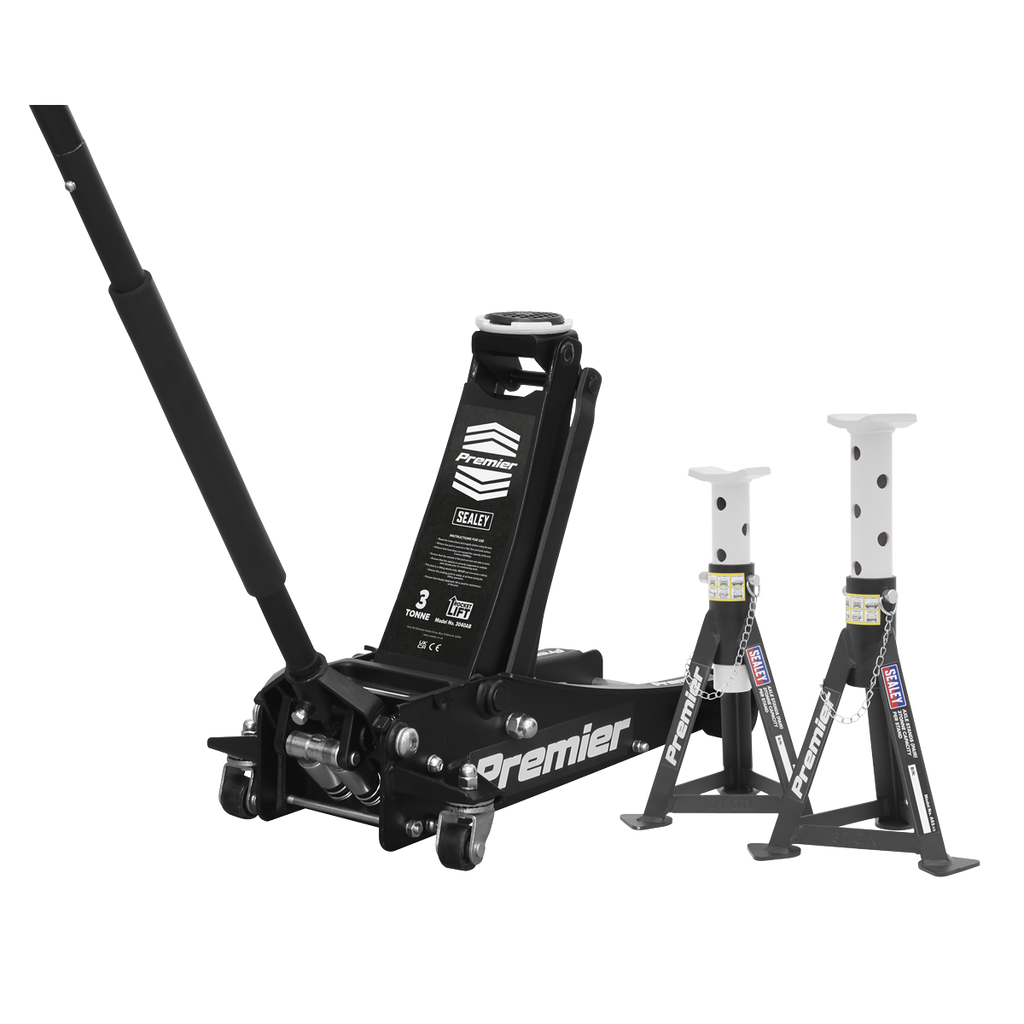Premier Low Entry Trolley Jack & Axle Stands, 3 Tonne, Black (3040ABCOMBO)