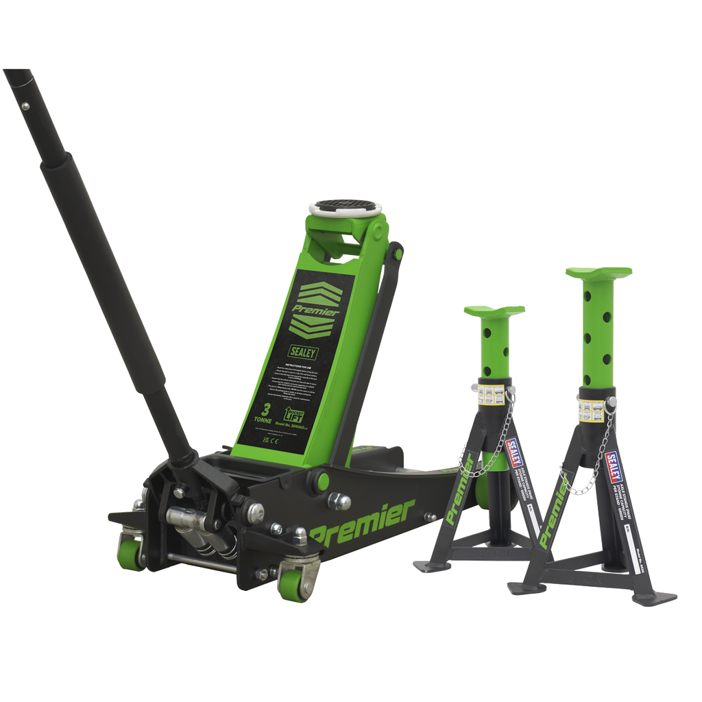 Premier Low Entry Trolley Jack & Axle Stands, 3 Tonne, Green (3040AGCOMBO)