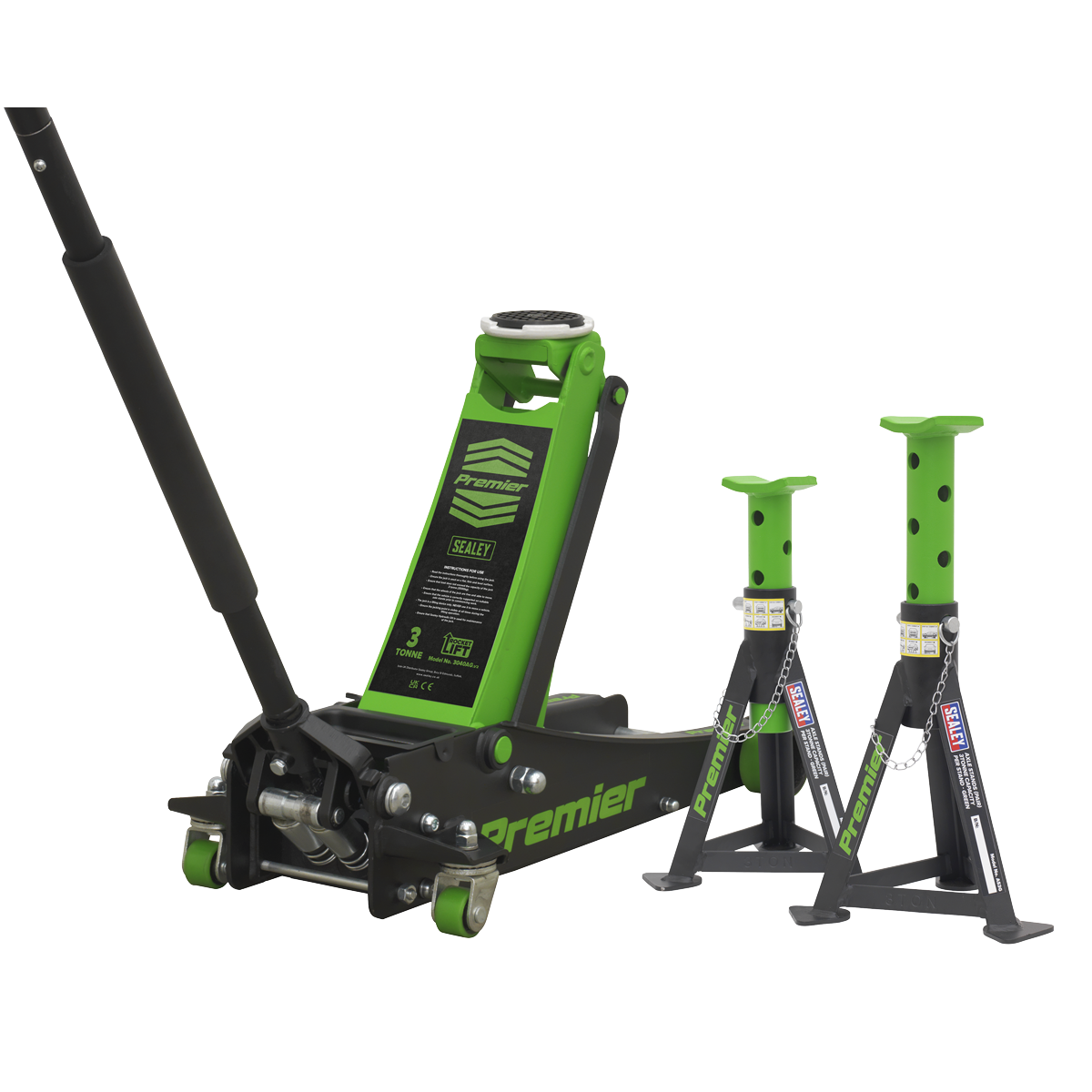 Premier Low Entry Trolley Jack & Axle Stands, 3 Tonne, Green (3040AGCOMBO)